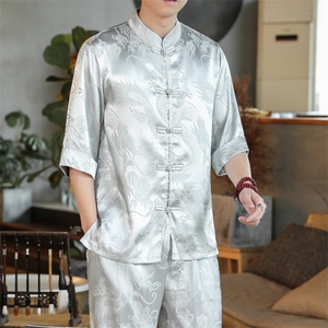 新中式衬衫男风男装汉服大码龙纹盘扣道袍短袖开衫 CS513 P35图片