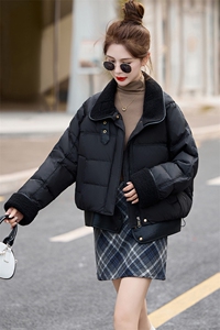 时尚潮流女装PU皮拼接仿羊羔毛翻领白鸭绒羽绒服 显瘦保暖外套图片