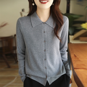 精纺羊毛开衫女POLO领打底衫外套春秋薄款外搭衬衣领针织毛衣图片