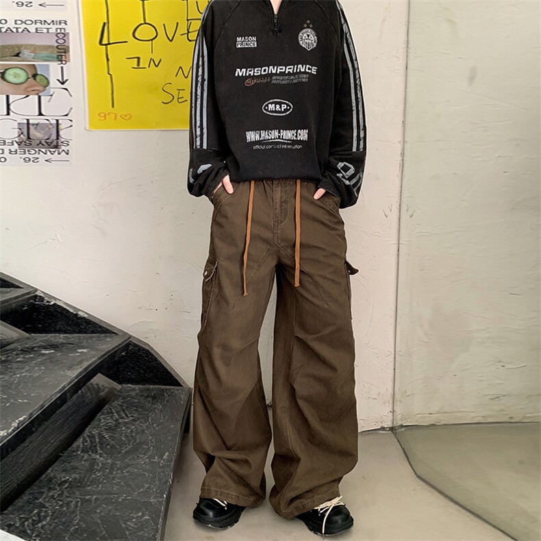 美式设计感多口袋工装裤男女阔腿宽松高街直筒弯刀裤YD9002-P75,男装休闲裤,星座509