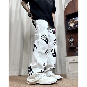 美式嘻哈裤子高街手掌印裤子牛仔裤男女hiphop潮牌炸街图案长裤潮图片