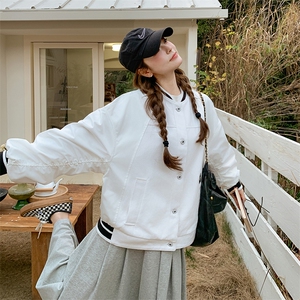 美式复古白色棒球服外套女春秋2025新款休闲气质独特别致夹克上衣图片