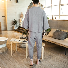 夏季风道袍男短袖汉服古风潮开衫汉服防晒衣套装TZ01/P85，男装休闲套装，钱塘713
