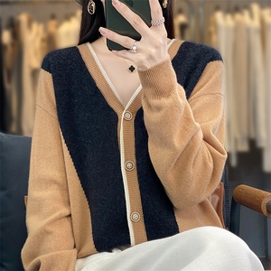 拼色V领100%纯羊毛开衫女25秋冬新款宽松羊绒衫外套长袖针织毛衣图片