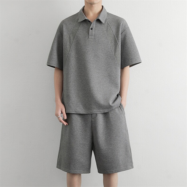 男装直播两件套夏季潮流休闲运动翻领Polo＋五分短裤，男装休闲套装，星座914