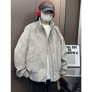 短款扎染脏脏美式复古立领PU皮夹克上衣男女同款外套JK918-特P65,老人衣服搭配男图片