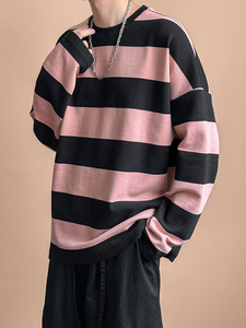秋季现货高品质潮牌卫衣98.4%棉粉色条纹上衣宽松A351-AW2514-P75图片