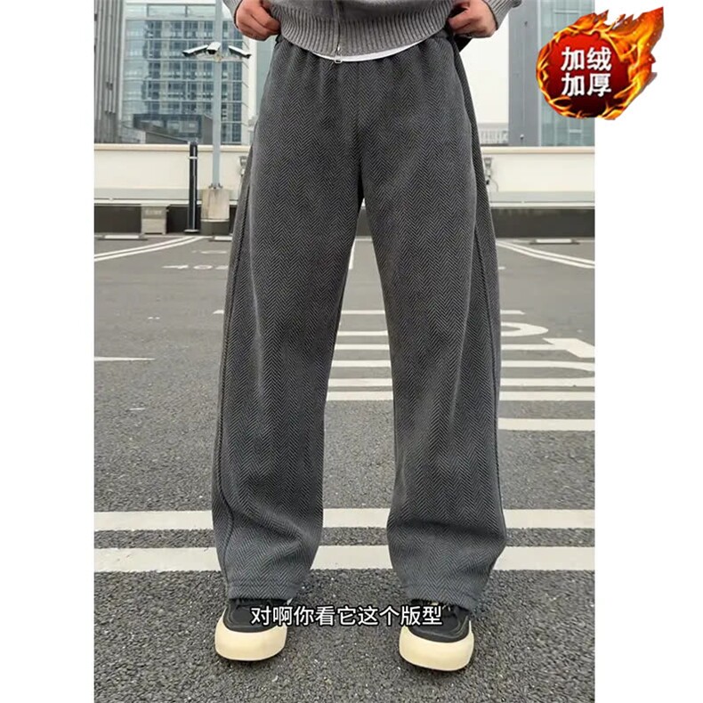秋冬慵懒风斜条纹加绒阔腿休闲裤男潮牌宽松显瘦垂感拖地直筒长裤图片