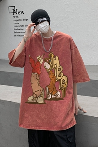 B239-1169-P38 卡通人物创意印花 美式复古水洗做旧 重磅短袖T恤图片