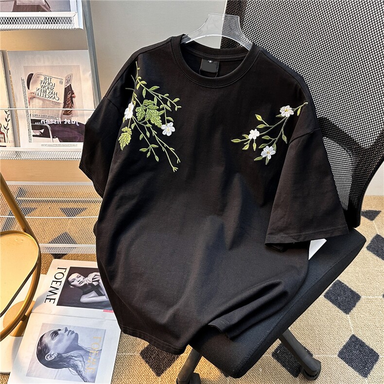 重工街头新中式花卉刺绣廓形短袖T恤男女潮百搭圆领夏装上衣服图片