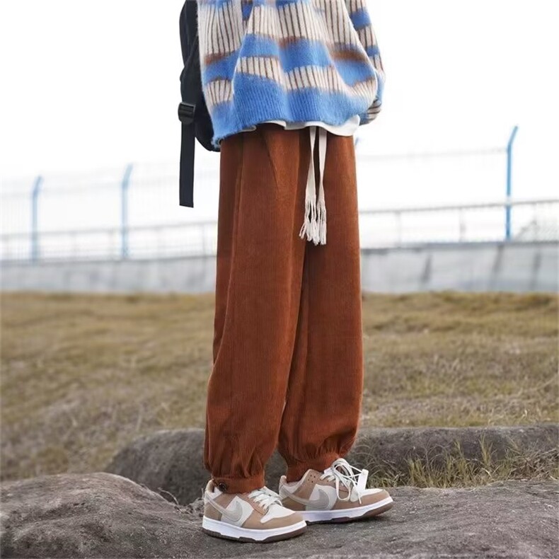 美式复古棕色休闲裤子秋季哈伦灯笼裤束脚工装裤灯芯绒裤 KA768图片