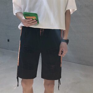 夏季港风休闲裤短裤男 黑色潮流直筒五分裤D/图片