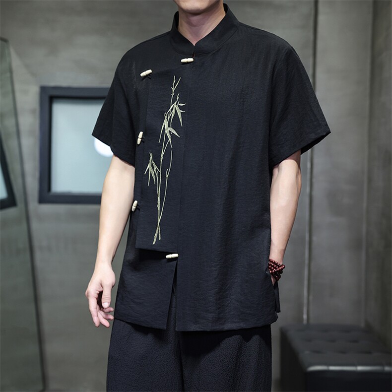 风（折枝金竹）棉麻混纺拼接绣花木头扣宽松立领短袖衬衫,男装T恤,星座305A（原312A-1）
