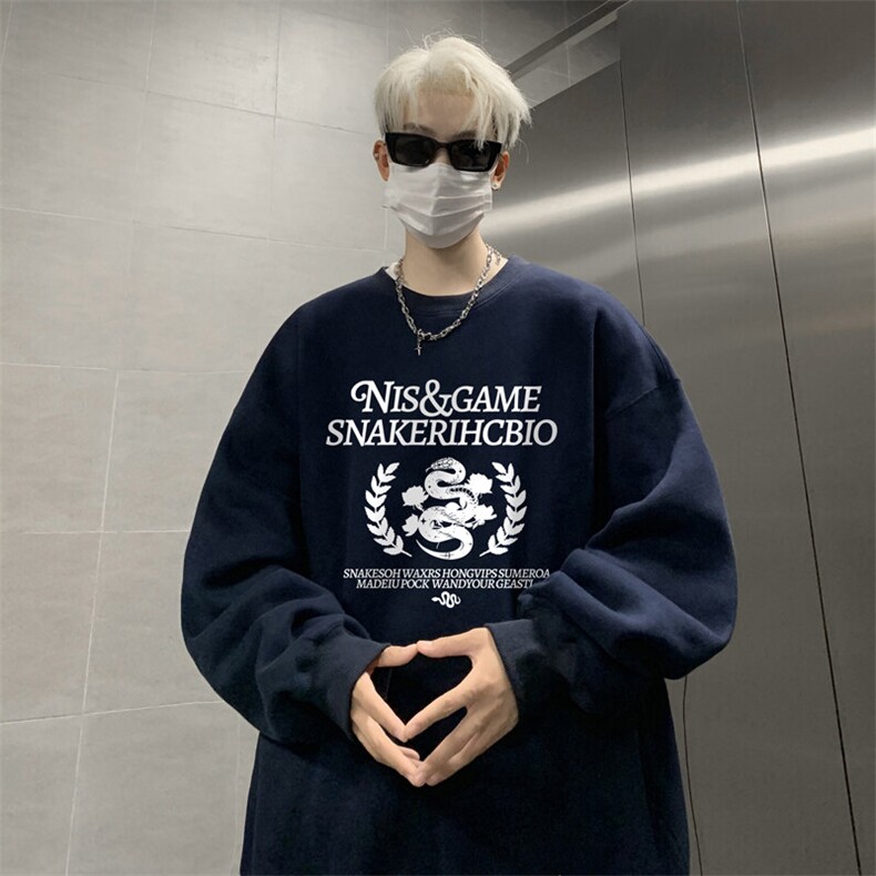 美式高街圆领卫衣男春秋潮牌蛇年本命年宽松痞帅cleanfit情侣外套,男装T恤,电商B367