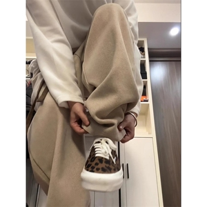 慵懒风撞色抽绳毛呢裤子男女小众vintage休闲弯刀裤潮 K663图片