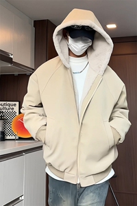 PY242/P95座山雕座山雕加绒PU皮男女同款连帽宽松棉衣图片