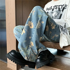 港风夏款男牛仔裤扎染鲜花印花宽松直筒长裤NK02P55，男装牛仔裤，星座1013-1