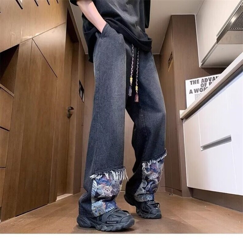 美式复古微喇牛仔裤男2024新款潮牌高街国风小熊刺绣设计感休闲裤,男装休闲裤,星座506A