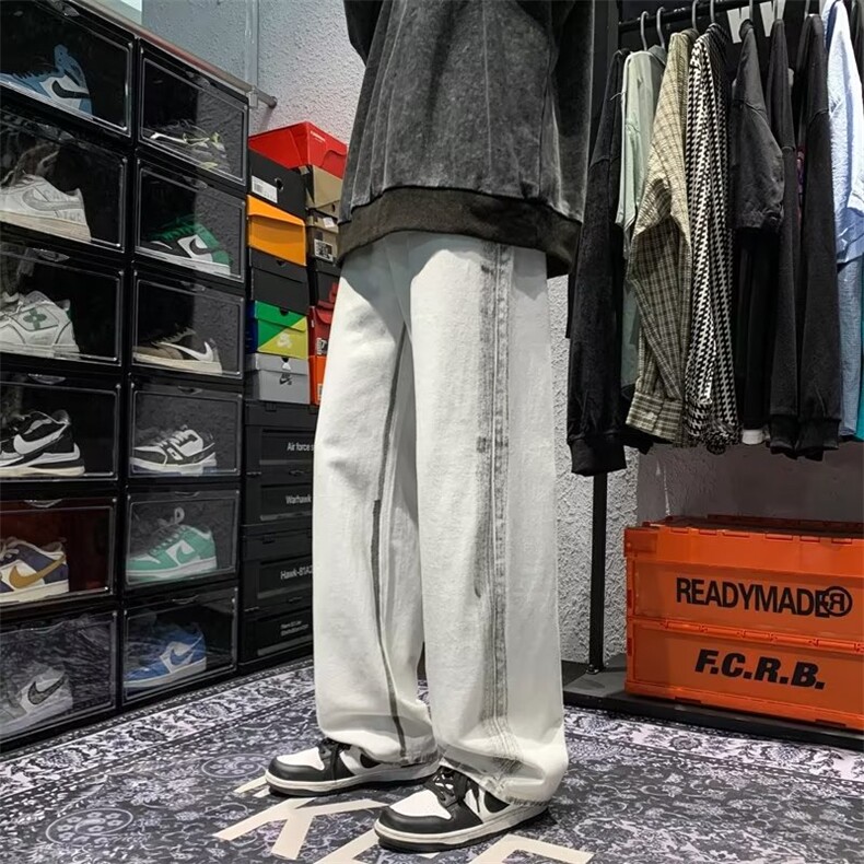 设计感拼接毛边牛仔裤男欧美高街裤子宽松直筒阔腿裤K4010-P45,男装牛仔裤,星座512-2