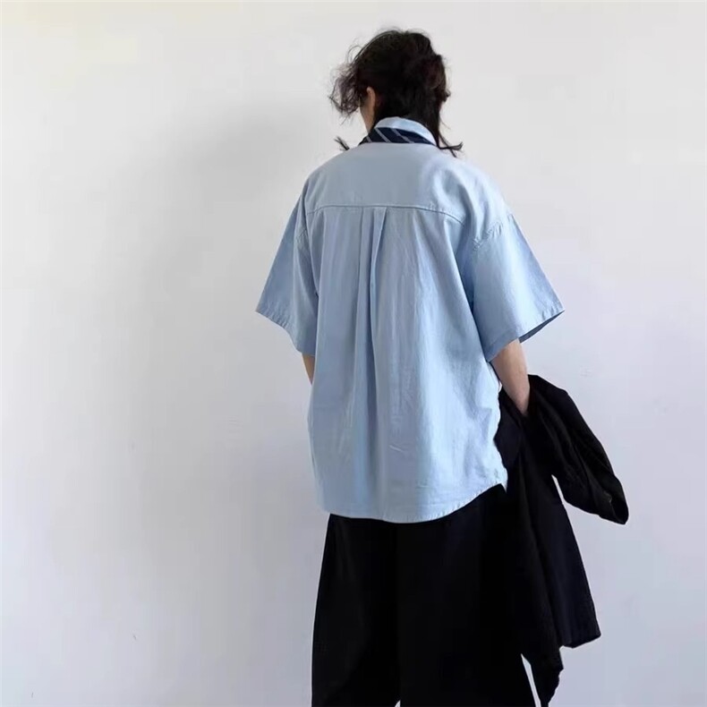 日系复古中性学院风短袖衬衫男女生夏季宽松休闲学生蓝色工装衬衣,男装T恤,星座1210-1