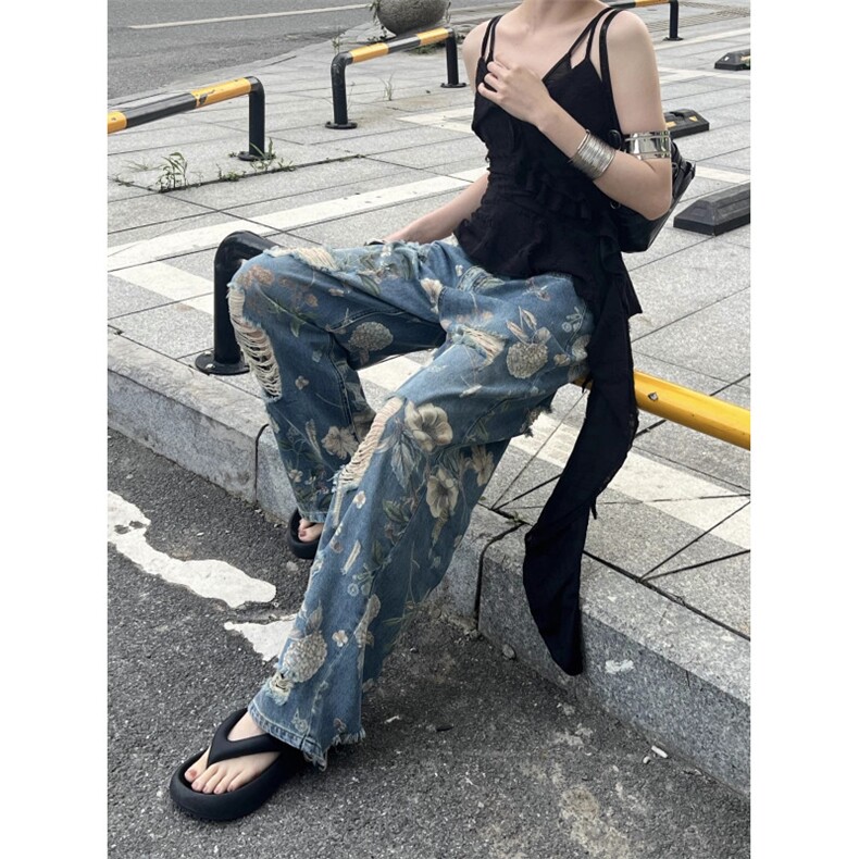 【网图】美式高街花卉印花破洞牛仔裤男女阔腿裤子A257CC-特P52,男装牛仔裤,星座1007（原301D）