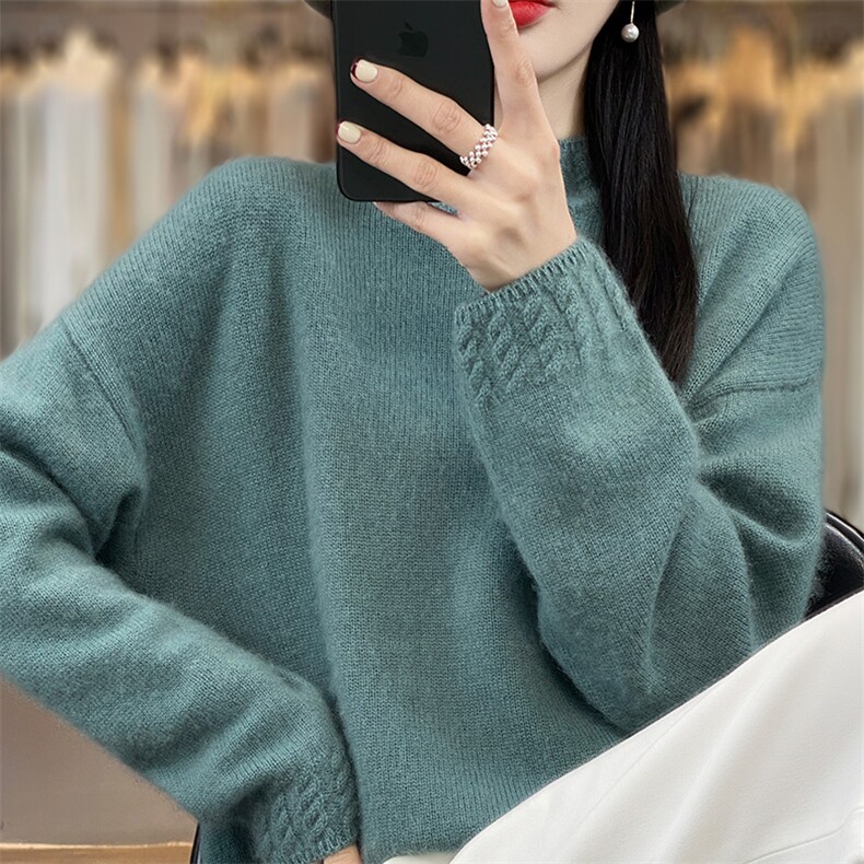 秋冬新款100%纯羊毛衫女半高领麻花加厚毛衣百搭羊绒打底针织衫,女装羊毛衫,吉高羊绒