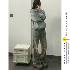 水洗脏染泼墨牛仔裤男潮牌美式高街直筒弯刀微喇裤YG743-P48，男装牛仔裤，星座1001-1