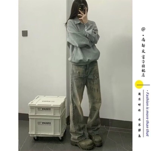 水洗脏染泼墨牛仔裤男潮牌美式高街直筒弯刀微喇裤 YG743-P48图片