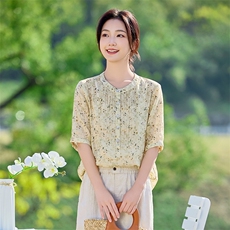 文艺风2026年春季女短袖宽松亲肤透气文艺/优雅，女装衬衫，江南依恋