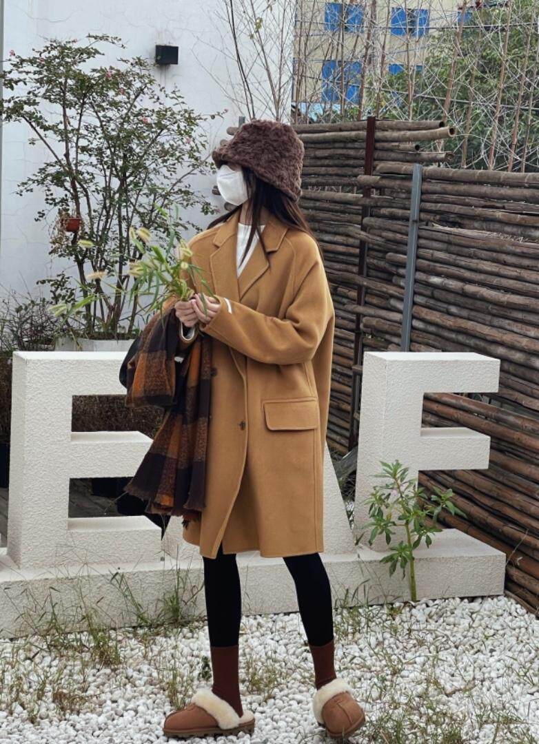 秋冬新款韩版翻领四粒扣中长款羊绒大衣，其它，HJ