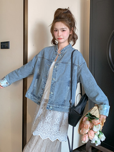 蓝色新中式国风一整套穿搭女2025春季牛仔外套叠穿蕾丝内搭图片