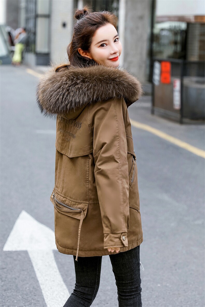 棉衣/棉服2021新款冬兔毛中长款工装带帽棉服女外套配毛领,女装派克服,瑶迪依秀