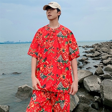 TZZ风盘扣T恤裤子大码团队服东北大花套装男女表演出新中式服，男装T恤，星座115A(原星座507）