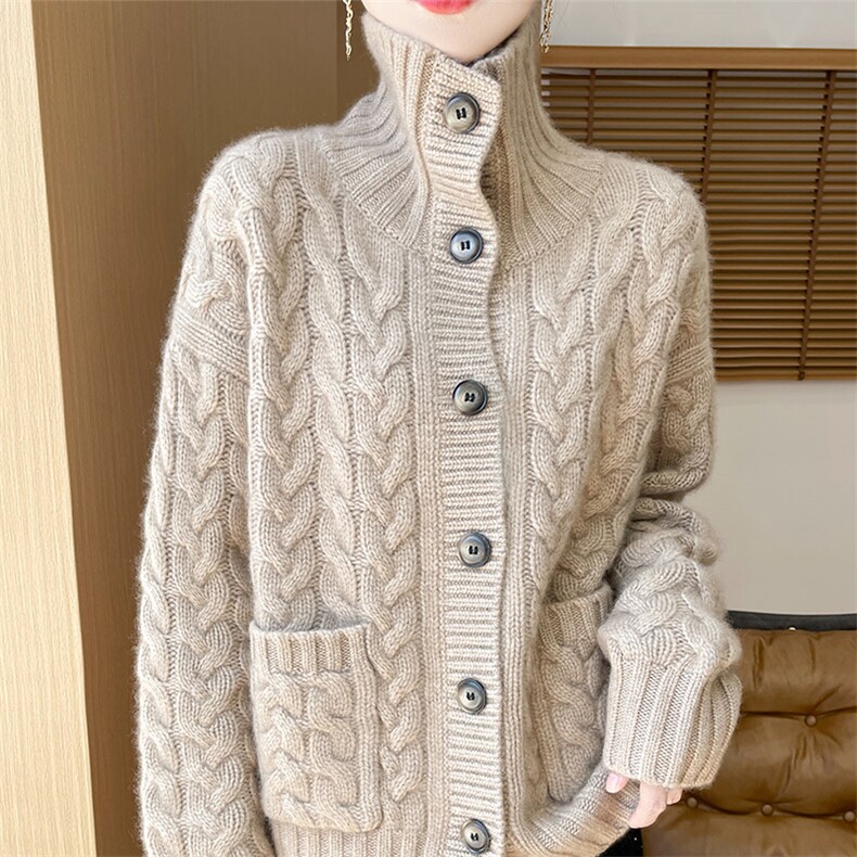 重磅加厚100%纯羊毛开衫女高领复古扭花带兜毛衣宽松慵懒羊绒外套，女装羊毛衫，鸿陌羊绒