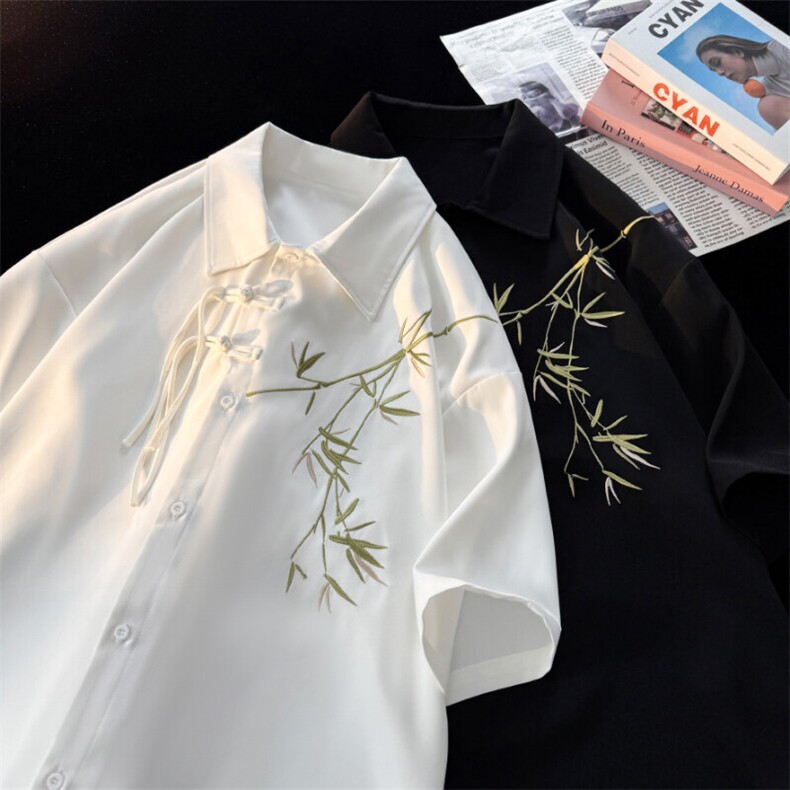 新中式短袖衬衫大码8XL-M风竹子刺绣冰丝唐装盘扣衬衣DC5007P48,男装衬衫,电商B238