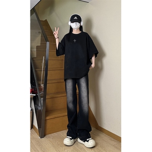 港风大码街头潮流百搭男女圆领短袖T恤五分袖 XZ213-T065-P35控48图片