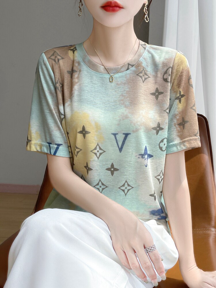 短袖t恤女夏季简约圆领宽松简约百搭花色打底女上衣,针织衫/毛衣,绒宛羊绒