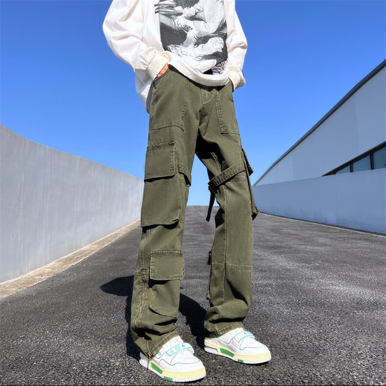 新款高街机能重工做旧口袋绑带长裤宽松直筒工装裤K073-P60,男装休闲裤,星座308B-1
