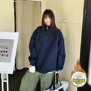 480G重磅加绒硬挺boxy男女秋冬美式高街结构半拉链立领卫衣厚外套图片