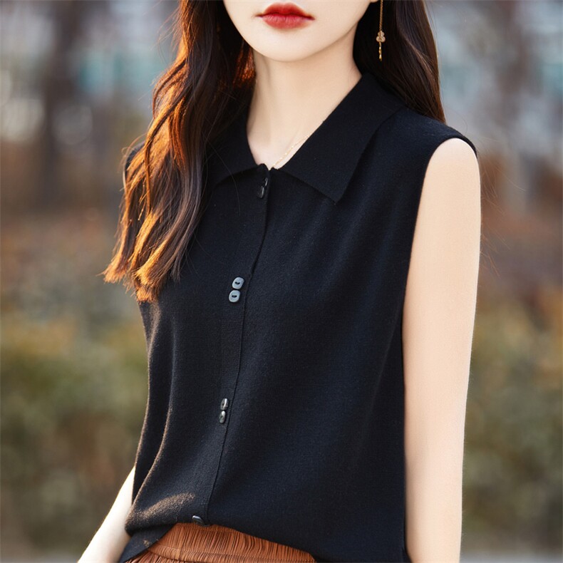 春夏polo领100精细羊毛衫T恤女无袖套头宽松显瘦背心纯色针织上衣,女装羊毛衫,总能电商供货