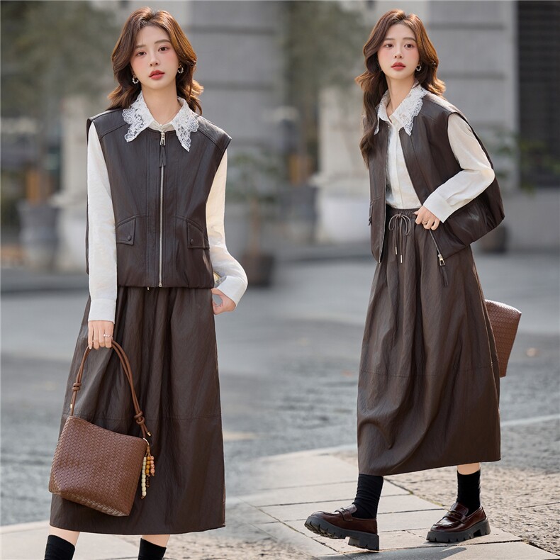 2026春季新款小众设计法式休闲皮马甲蕾丝衬衫领高腰半身裙三件套，女装套装/套裙，深水步