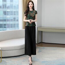 2023夏季新款简约时尚复古设计优雅气质圆领修身两件套装裤图片