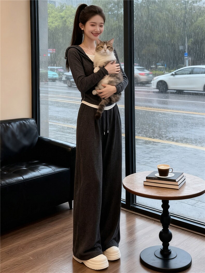 小众设计女春新款时尚洋气撞色拼接假两件连帽上衣高腰阔腿裤套装,女装套装/套裙,江南