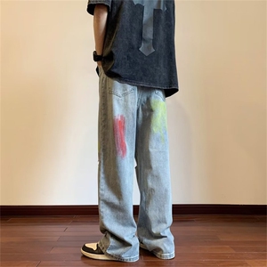 彩色喷漆破洞直筒牛仔裤男款夏季高松设计感高街阔腿裤N9193-P45图片