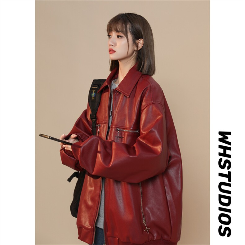 PU皮纯色夹克四芒星金属拉链纯色外套X1213-DY153-P95图片