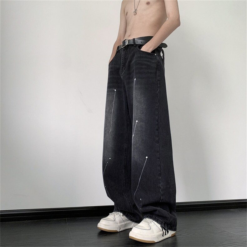 美式高街泼墨牛仔裤男秋冬新款直筒宽松拖地裤1001-1-G8192-P45,男装牛仔裤,星座1001-1