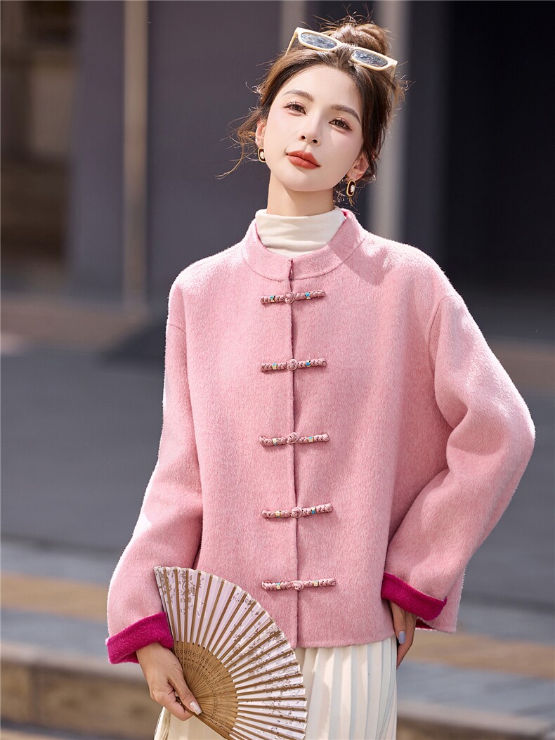 新中式双面呢外套2025年秋冬新款时尚百搭复古盘扣小个子毛呢外套,女装双面呢大衣,拾衣
