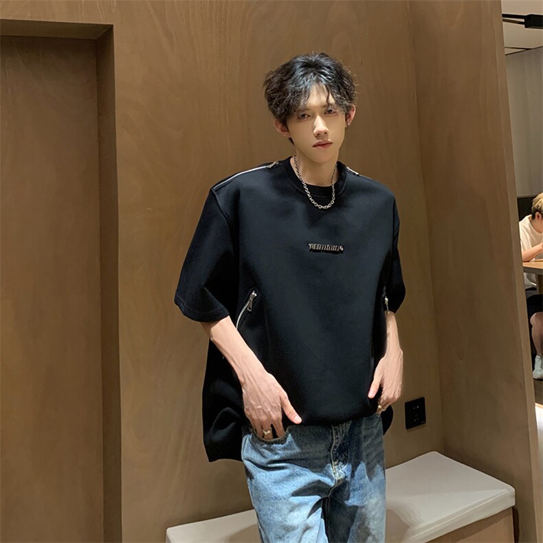 405A美式高街新款大金属扣拉链设计短袖T恤T2439-P45控68,男装T恤,星座405A