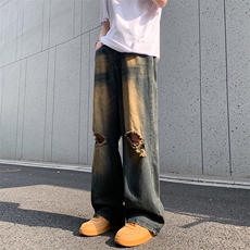 新款夏季复古水洗做旧破洞牛仔裤男款美式潮牌宽松休闲裤子，男装休闲裤，星座410-6（原星座1304-1）