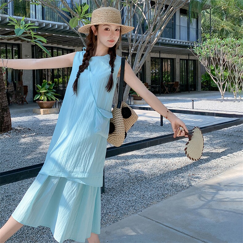蓝色无袖假两件连衣裙女2025夏季新款韩系宽松休闲显瘦减龄背心裙,女装连衣裙,浙宝305